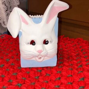 Charming Bunny Candle Holder - White and Pink Vintage Chalkware